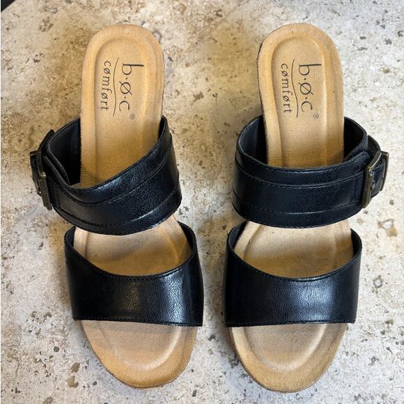 BOC Comfort Womens Black Cork Wedge Slip On Sandal Size 6M Vegan Leather - Picture 3 of 8